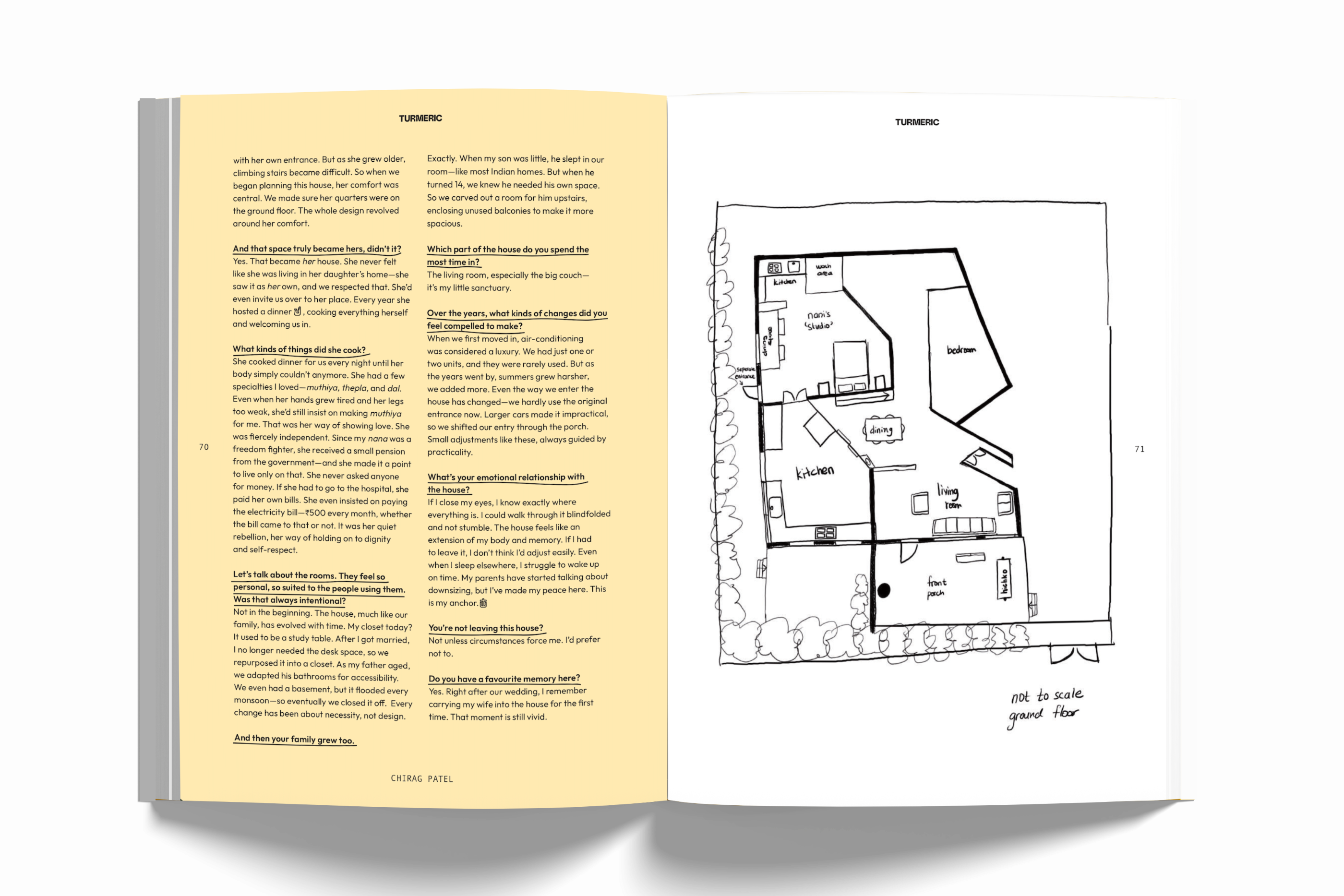 Open book with text on one side and a floor plan on the other, on a white background.