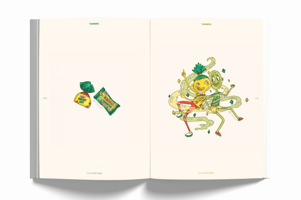 Open book showing illustrations of a character and colorful objects on cream pages.