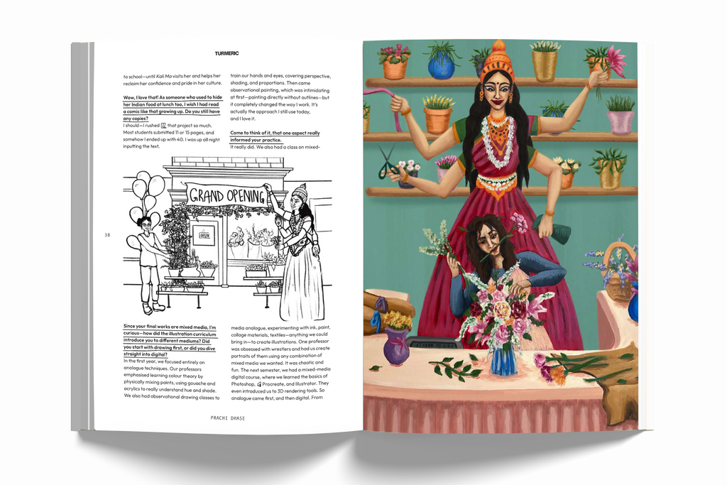 Illustrated book open to a page with characters and text on a white background